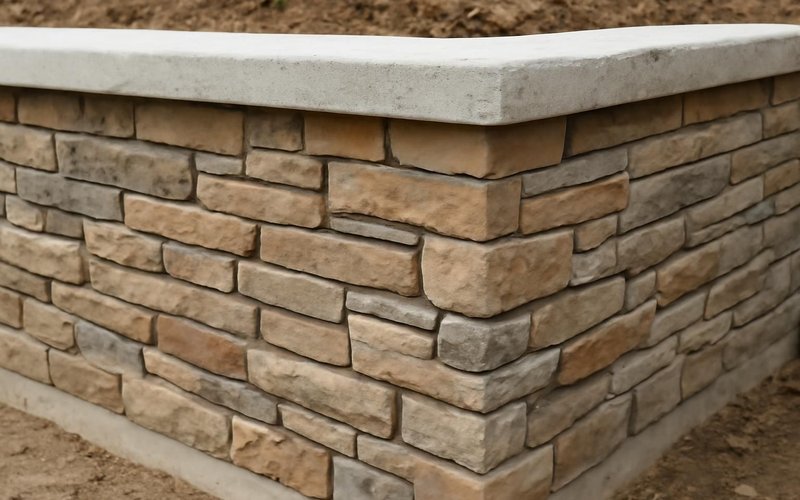 Poured concrete retaining wall with stone facing