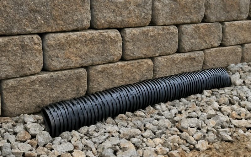 Perforated drain pipe in clean stone behind a wall