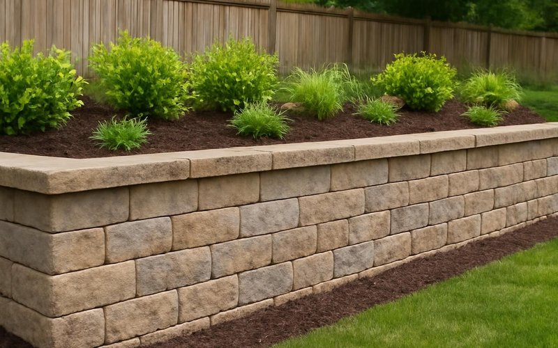 Finished retaining wall with capstones and plantings