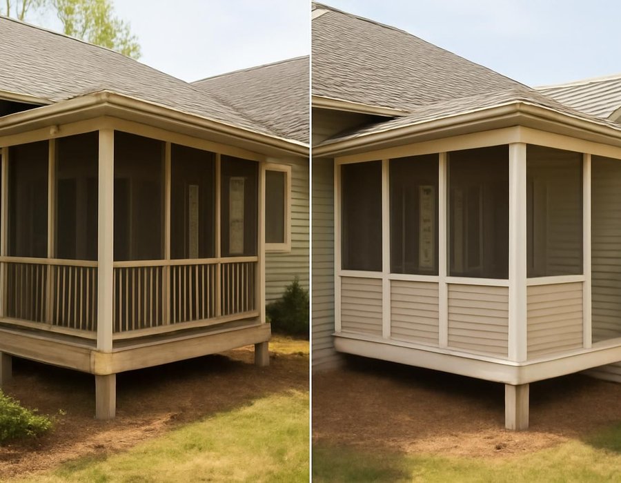 AI concept: Screened porch built on a reinforced existing deck on the left, new porch on new footings on the right