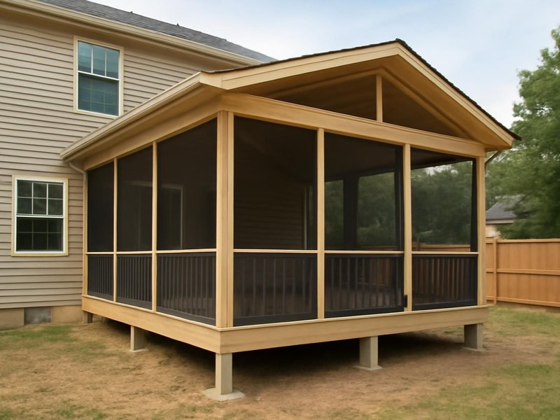 After: new screened porch on footings with a shed roof and composite floor
