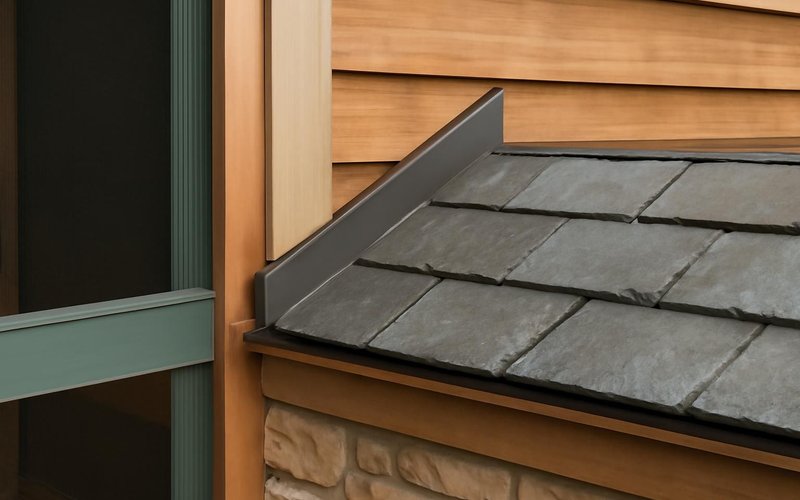 AI concept: Step flashing where a porch roof meets the wall