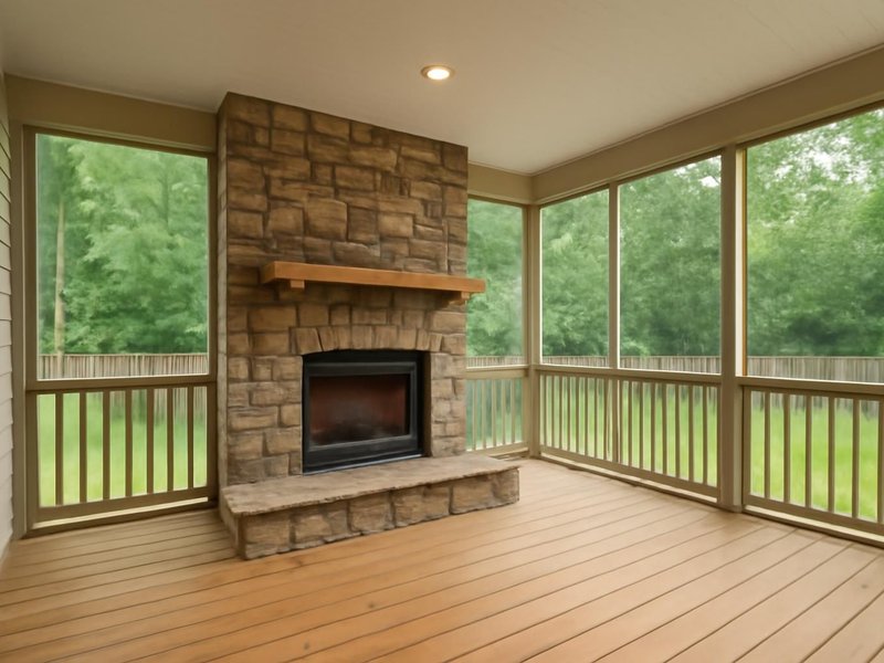 Porch with stone fireplace