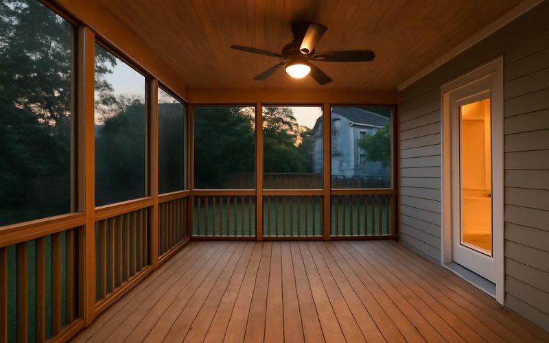 Finished screened porch with a ceiling fan at dusk