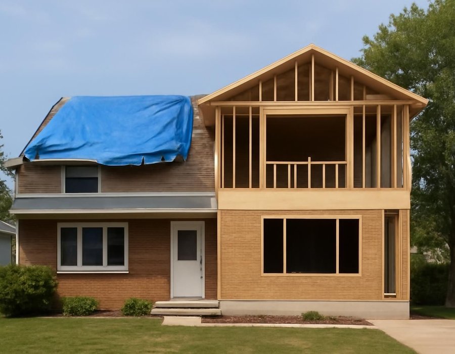 AI concept: House with half its roof removed under a tarp on the left, fully opened roof deck on the right