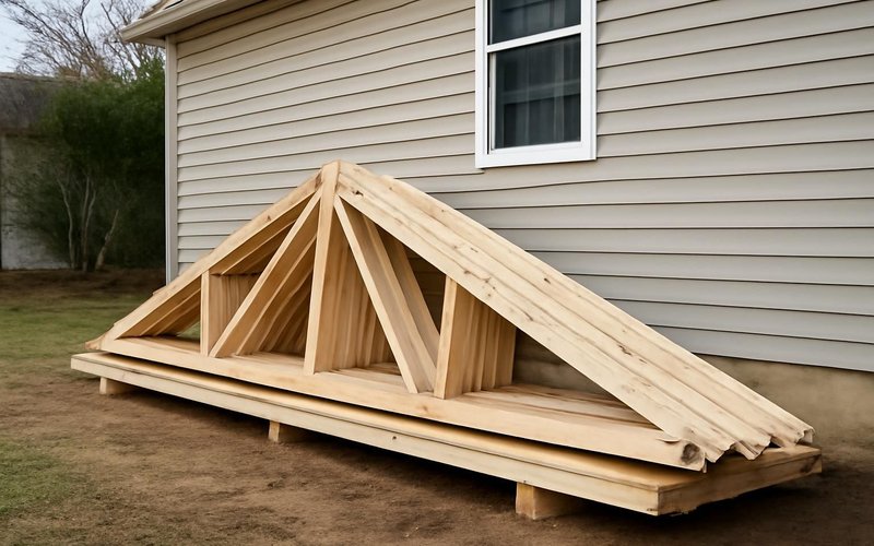 AI concept: Prefabricated timber roof trusses stacked safely flat on supports at ground level beside an American house, no lifting equipment