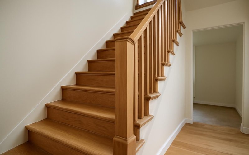 AI concept: New oak staircase leading to a second story