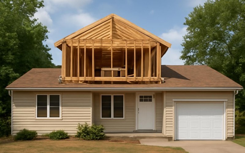 AI concept: Roof removed from a ranch house for a second story