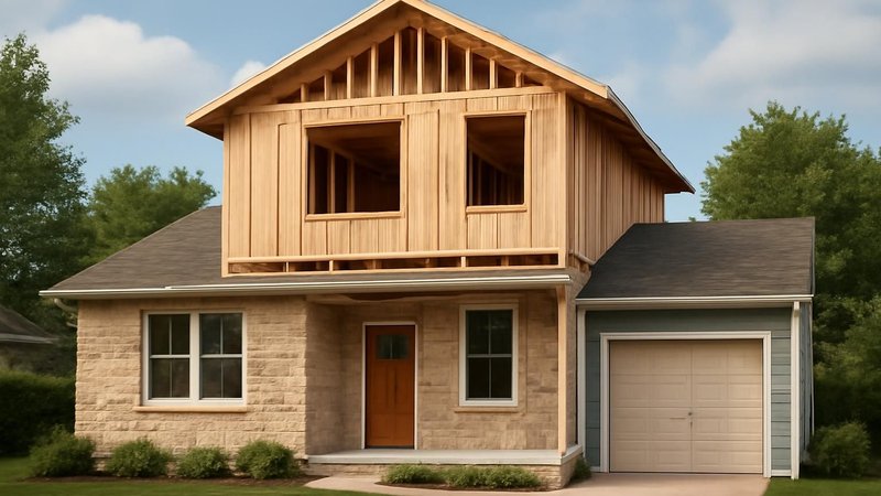 Framed second-story addition on a suburban home