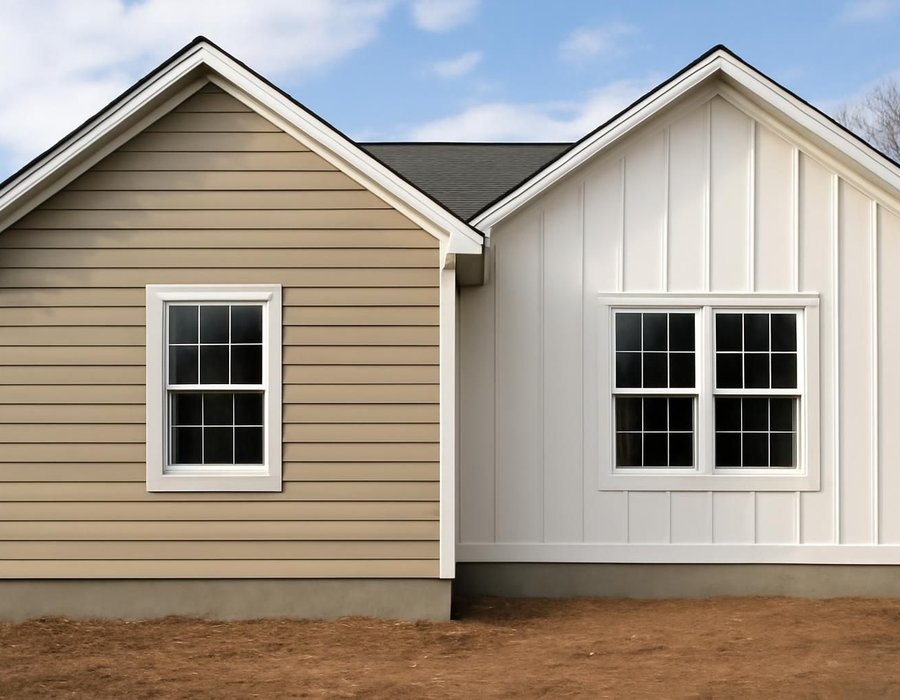 AI concept: New addition with matching lap siding next to an addition finished in contrasting board and batten