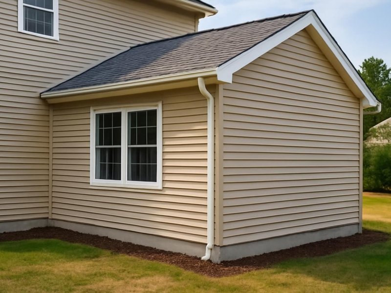 AI concept: Remodeled idea: addition in tan Dutch lap vinyl matching the house
