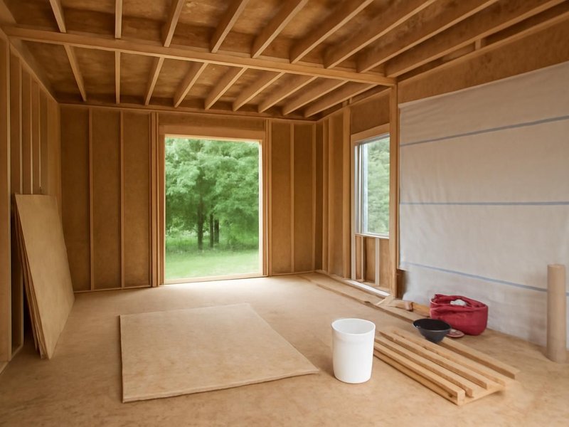 AI concept: family room addition wrapped in plywood and housewrap