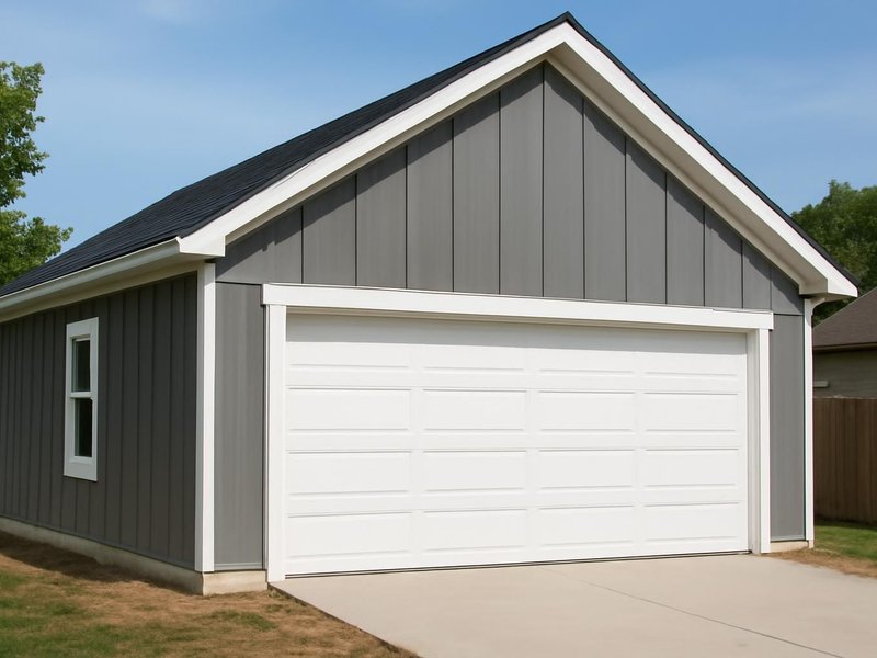 AI concept: Remodeled idea: garage finished in gray board and batten with white trim