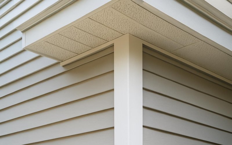 AI concept: White trim and vented soffit on new siding
