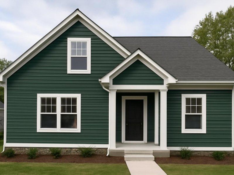 After: same house in fiber cement lap painted deep green
