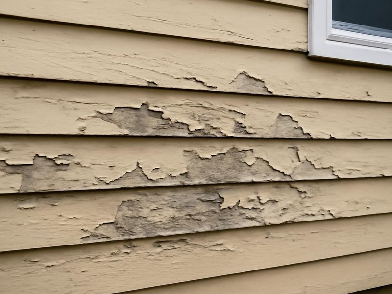 Before: swollen hardboard lap siding with peeling paint