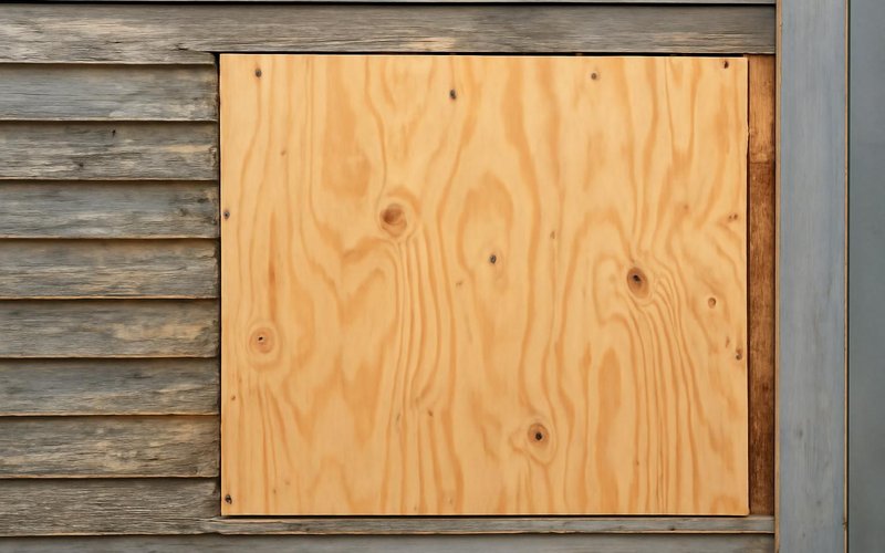 New plywood sheathing patched into an old wall