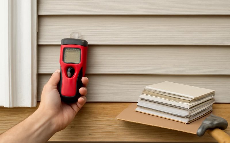 Supervisor probing siding with a moisture meter