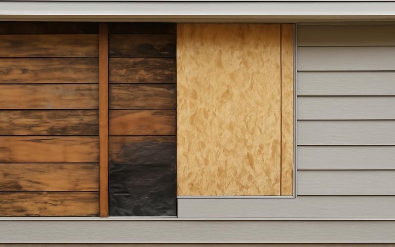 New sheathing patched into a stripped wall