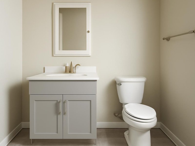 AI concept: Remodeled idea: shallow vanity, recessed cabinet and large-format floor tile
