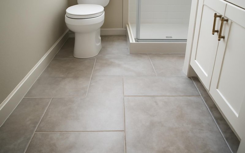 AI concept: Large porcelain floor tiles in a narrow bathroom