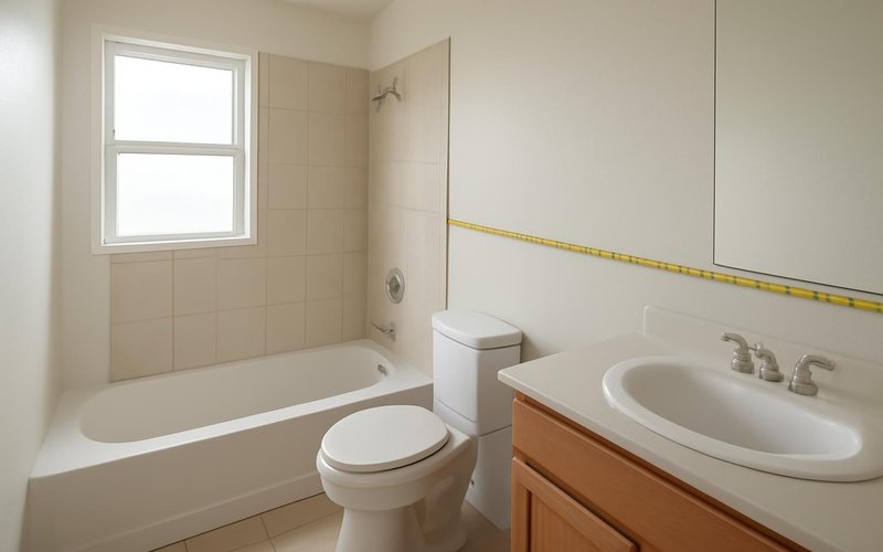 AI concept: An empty compact bathroom being measured, with a small closed tape measure on the vanity