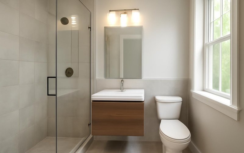 AI concept: Finished small bathroom with a glass panel and floating vanity