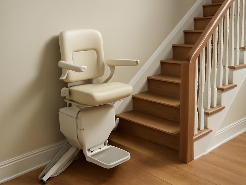 AI concept: Remodeled idea: straight stair lift with a cream seat, folded against the wall