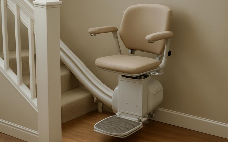 AI concept: Stannah curved stair lift at a landing