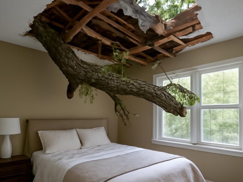 Before: oak limb through the roof over a bedroom