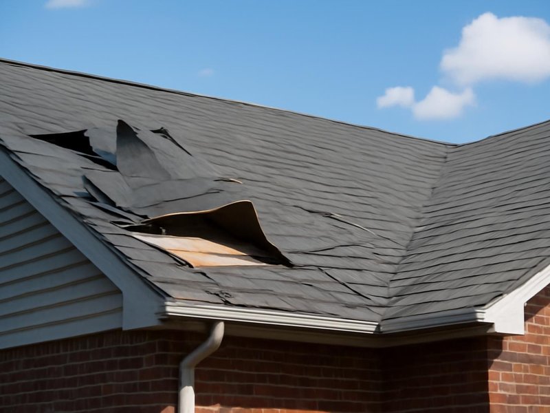 Before: shingles peeled off a slope by straight-line wind