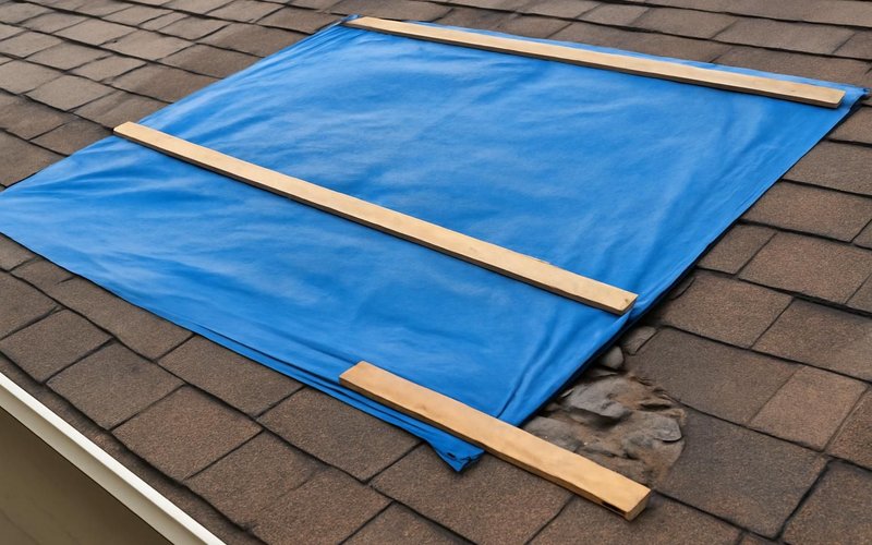 Reinforced tarp battened over a storm-damaged roof