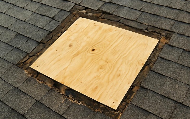 Plywood board-up over a hole in a roof deck