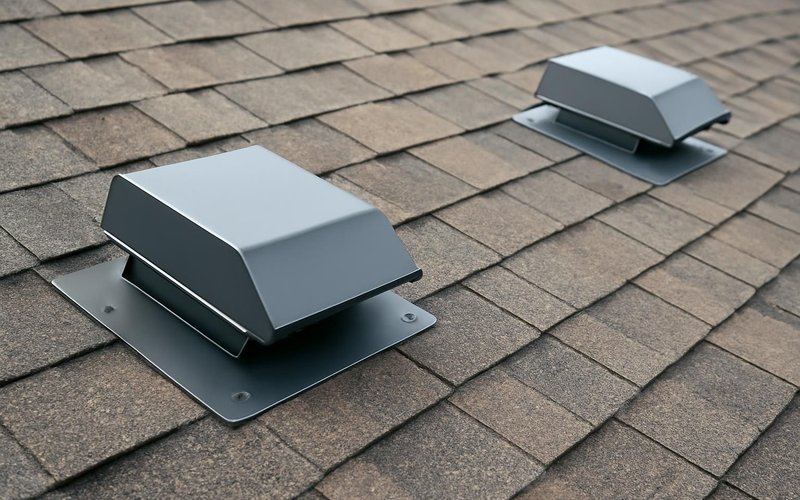 New metal roof vents replacing hail-dented ones