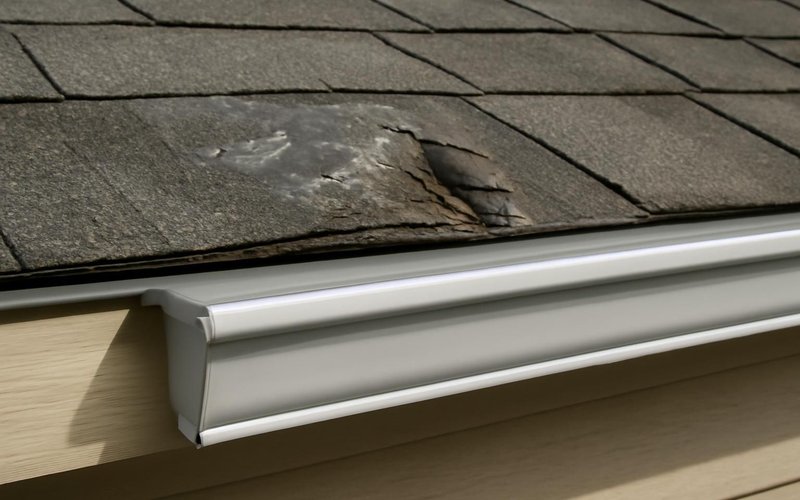 New aluminum gutter replacing a hail-dented section