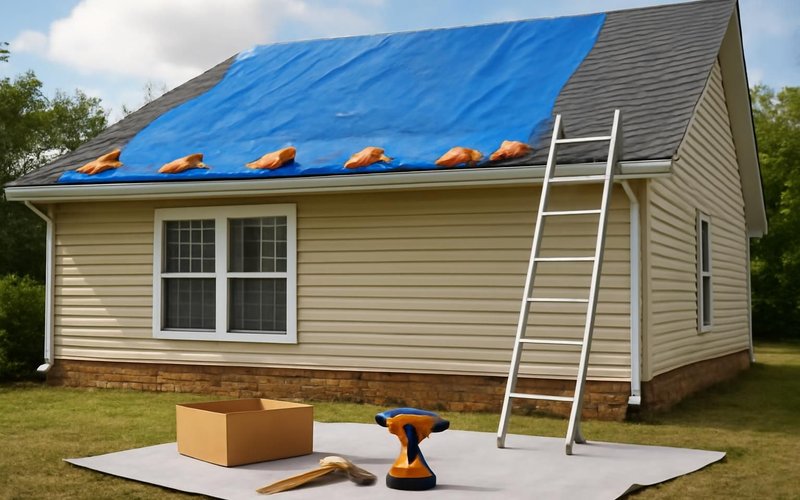 Roofer securing an emergency tarp after a storm