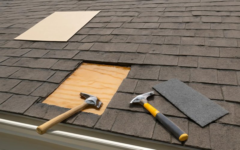 Roofer photographing hail damage on a roof slope
