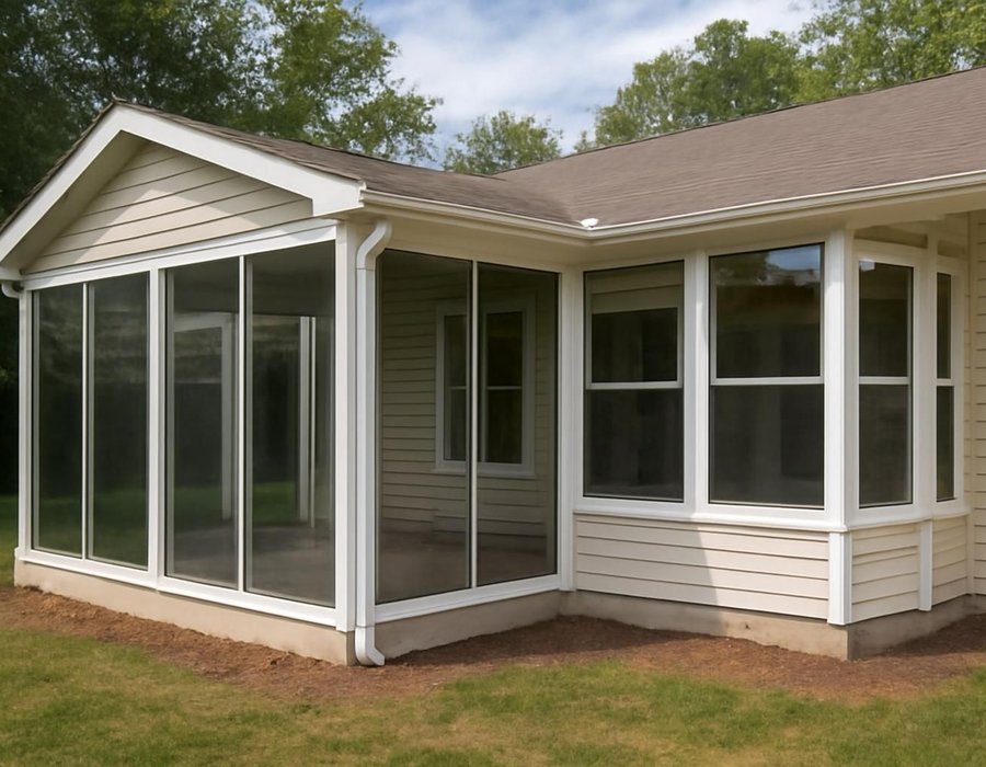 AI concept: Unheated three-season room with slim frames on the left, insulated four-season room with knee walls on the right