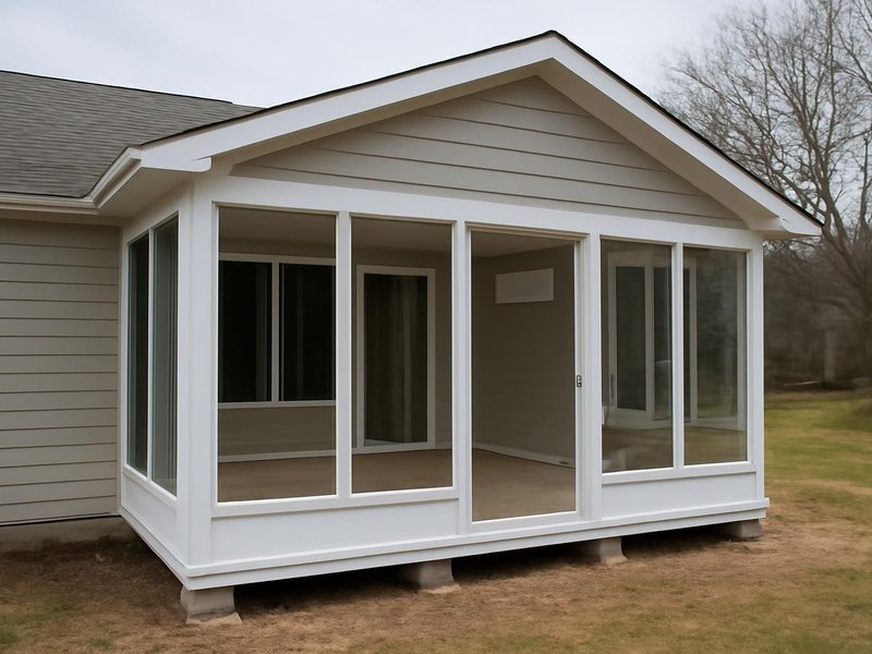 AI concept: Remodeled idea: four-season sunroom on new footings with tile floor and a ductless unit
