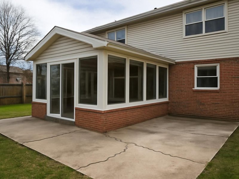 AI concept: Existing condition: cracked concrete patio behind a split-level house
