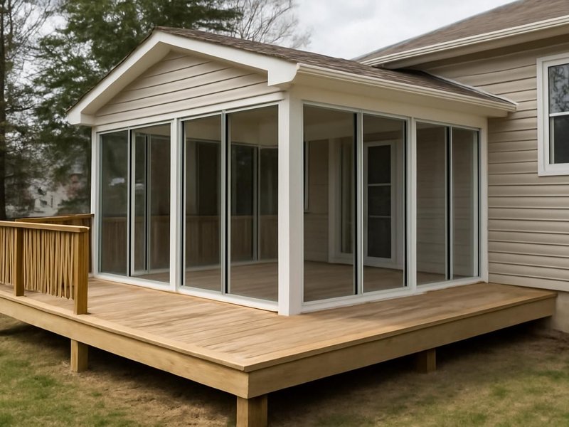 AI concept: Remodeled idea: three-season room on the reinforced deck with sliding glass panels