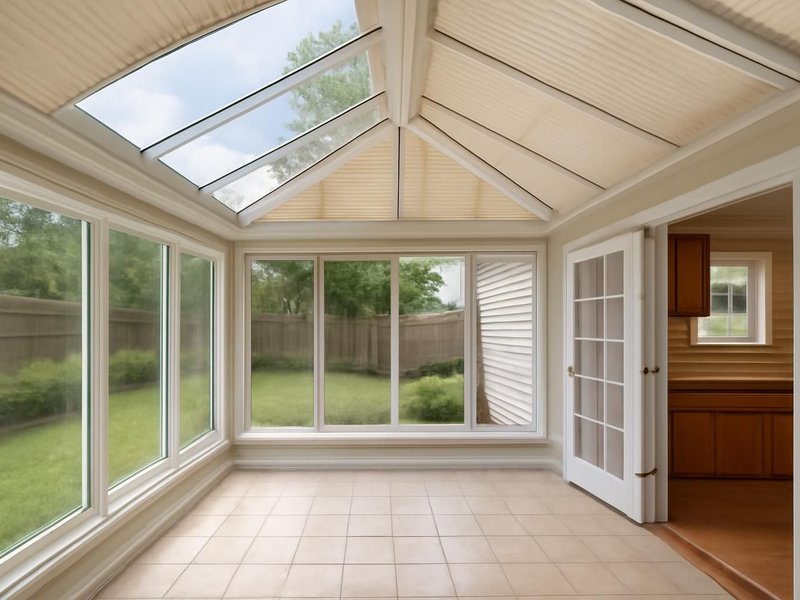 AI concept: Remodeled idea: glass-roof garden room opening from the kitchen with shades overhead