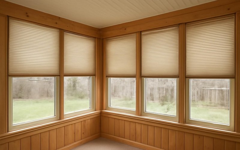 AI concept: Cellular shades lowered over sunroom windows
