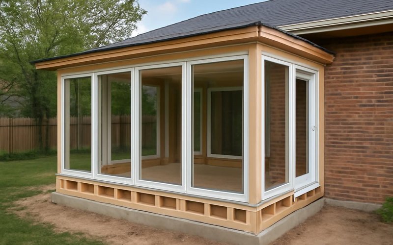 AI concept: Window walls being set on a sunroom frame