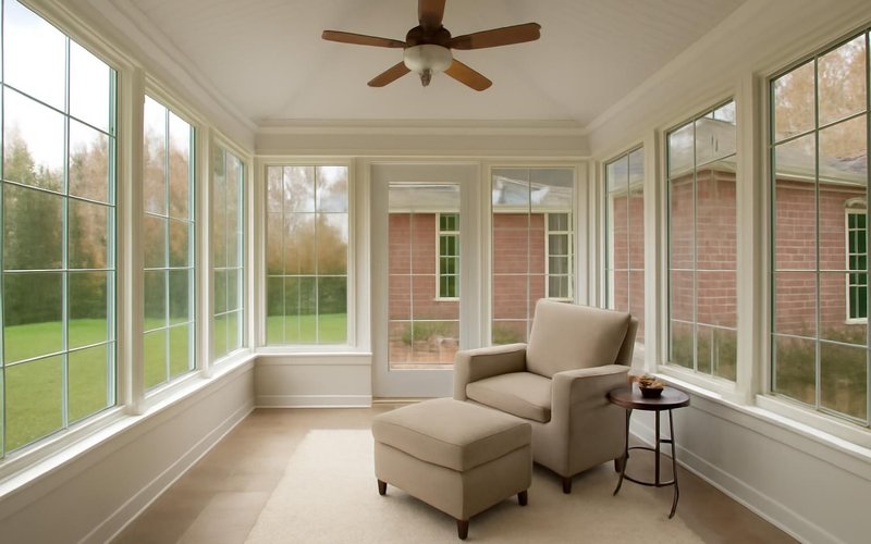 AI concept: Finished four-season sunroom with a reading chair
