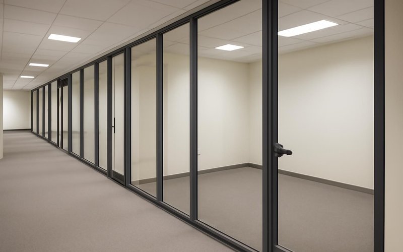 AI concept: Glass office fronts along a corridor