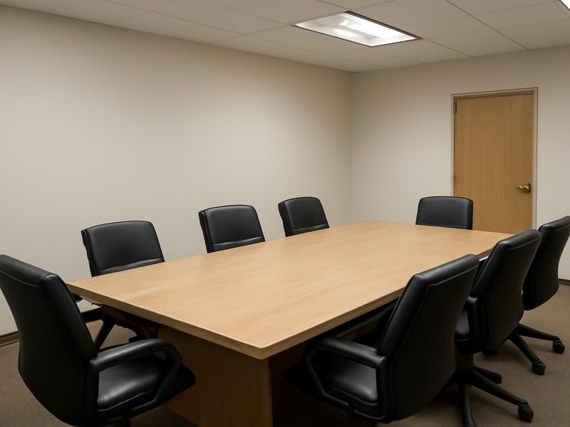 AI concept: An empty professional conference room with a wood table, plain walls and no wall signs