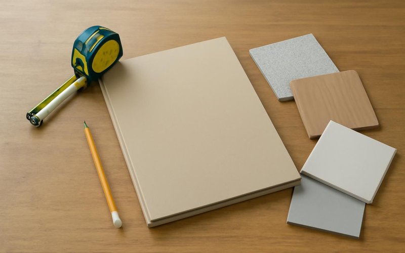 AI concept: A natural close photograph of a remodeling planning worktable for tenant improvement with appropriate unmarked material samples, pencil, tape measure and a completely blank closed folder. No drawings or paper with markings