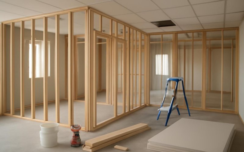 AI concept: Crew framing new offices in a leased suite