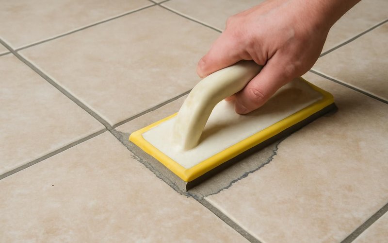 Tile setter packing grout into floor joints
